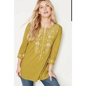 NEW J. Jill 2X Tunic Top Chartreuse Green Floral Embroidered Boho Tiny Flaw Boho